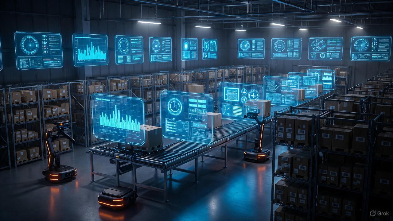 AI-powered e-commerce fulfillment center with autonomous robots and holographic analytics displays