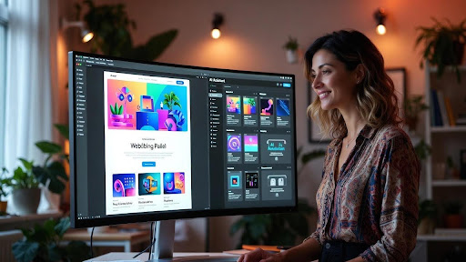 Smiling young female web designer in bright 2026 studio collaborating with AI assistant on large curved monitor – left side shows finished colorful website, right side shows elegant AI panel suggesting real-time design improvements