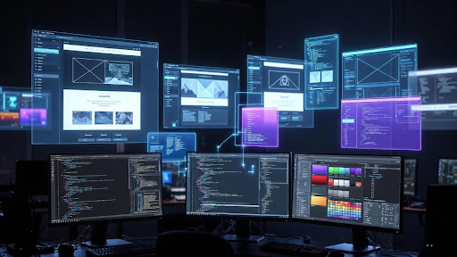 Futuristic 2026 AI-powered web design studio with floating holographic website wireframes, real-time layout variations, glowing code snippets, and color palettes generated by artificial intelligence on multiple ultra-modern monitors